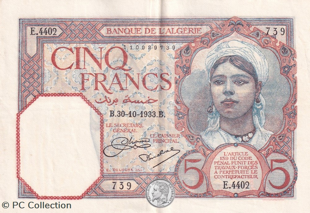 1933 Pick77a 5 Franc algérien Sup billets afrique 1933 pick77a 5 franc algerien sup