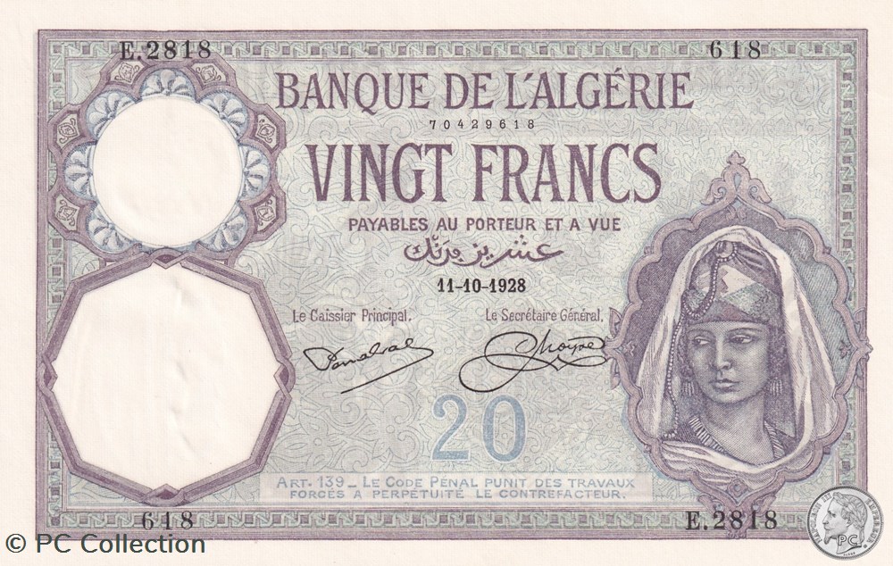 1928 Pick78b 618 20 Franc algérien Unc billets afrique 1928 pick78b 618 20 franc algerien unc