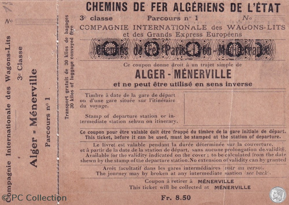 Ticket Chemins de fers Algériens de L'état ALGER-MENERVILLE documents anciens titres transport ticket chemins de fers algeriens de etat alger menerville