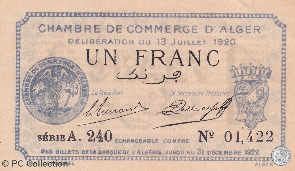137-15-13/7/1920 Alger 1 Franc Cdc.(3) billets afrique algerie 137 15 13 7 1920 alger 1 franc cdc 3