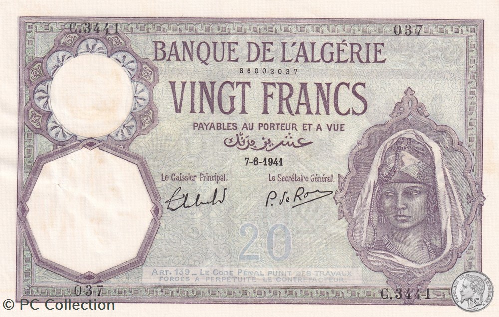 1941 Pick78c.2i 20 Franc algérien Spl 037 billets afrique 1941 pick78c 2i 20 franc algerien spl 037