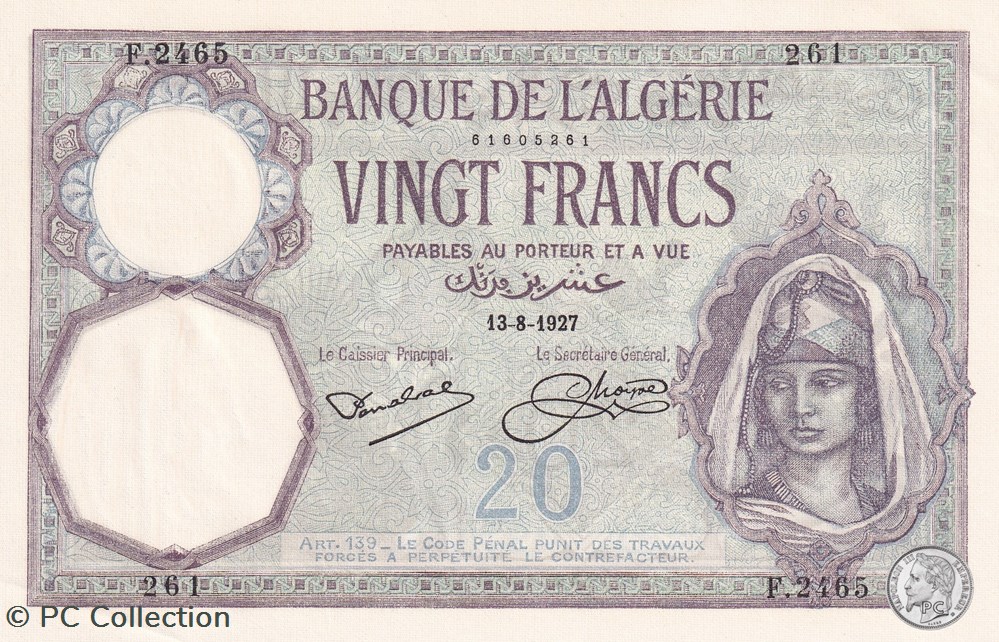 1927 Pick78b 261 20 Franc algérien Unc billets afrique 1927 pick78b 261 20 franc algerien unc