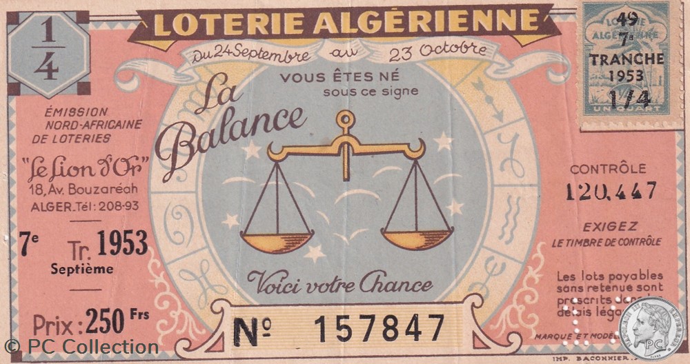 Loterie Algérienne 1/4 7eme Tranche 1953 billets afrique loterie algerienne 1 4 7eme tranche 1953
