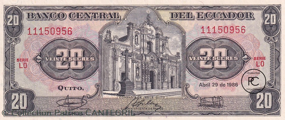 1986 Pick121Аa.3.1 20 S/. - Sucre équatorien Unc billets amerique du sud equateur 1986 pick121 a 3 1 20 s sucre equatorien unc