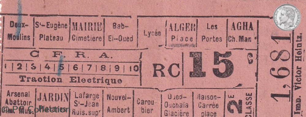 Ticket billet tramway d'Alger début XXe "Tramways / Chemins de fer sur Routes d'Algérie" documents anciens titres transport ticket billet tramway alger debut xxe tramways chemins de fer sur routes algerie