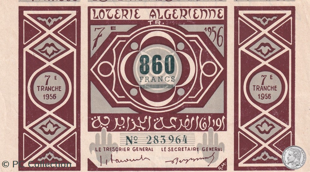 Loterie Algérienne 7éme Tranche 1956 billets afrique loterie algerienne 7eme tranche 1956