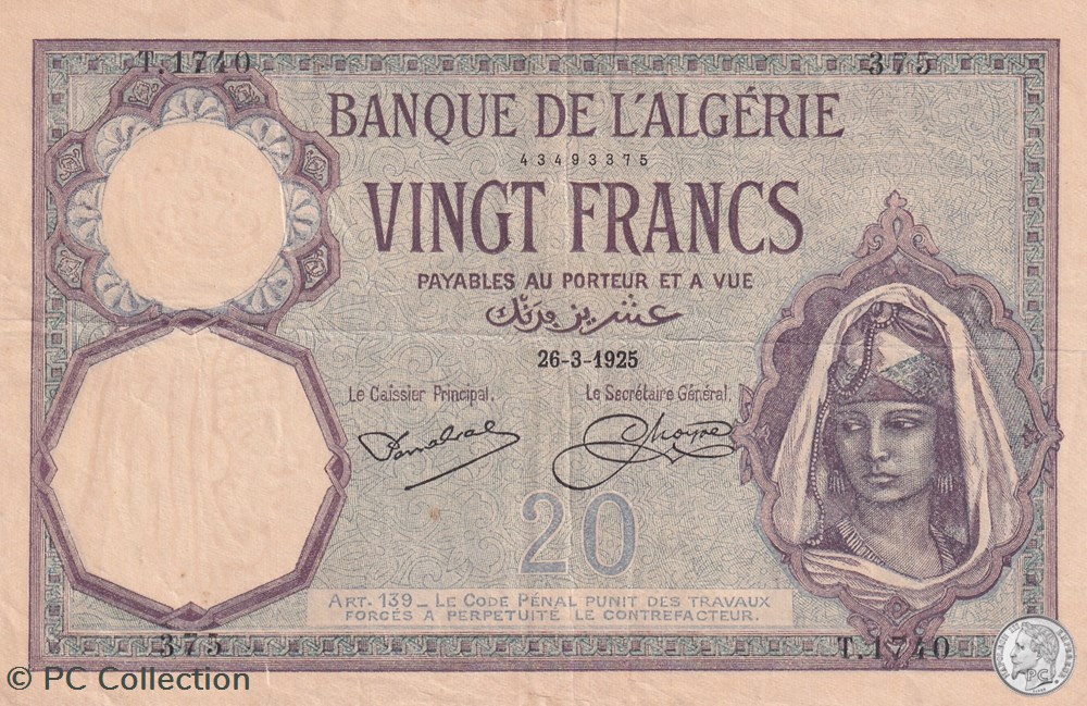 billets afrique 1925 pick78a t 1740 375 20 franc algerien sup
