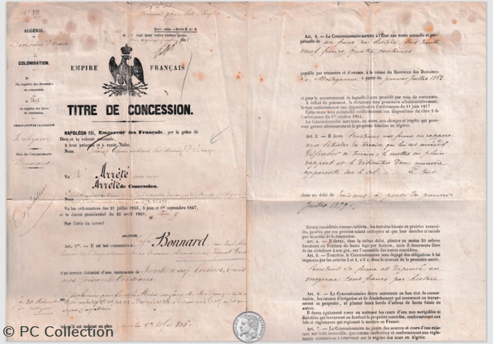 titre de concession 1859 Algérie sous Empire Français documents anciens titre de concession 1859 algerie sous empire francais
