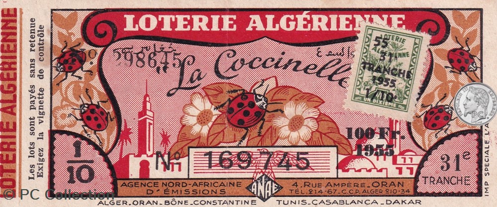 Loterie Algérienne 1/10éme 31éme Tranche 1955 billets afrique loterie algerienne 1 10eme 31eme tranche 1955