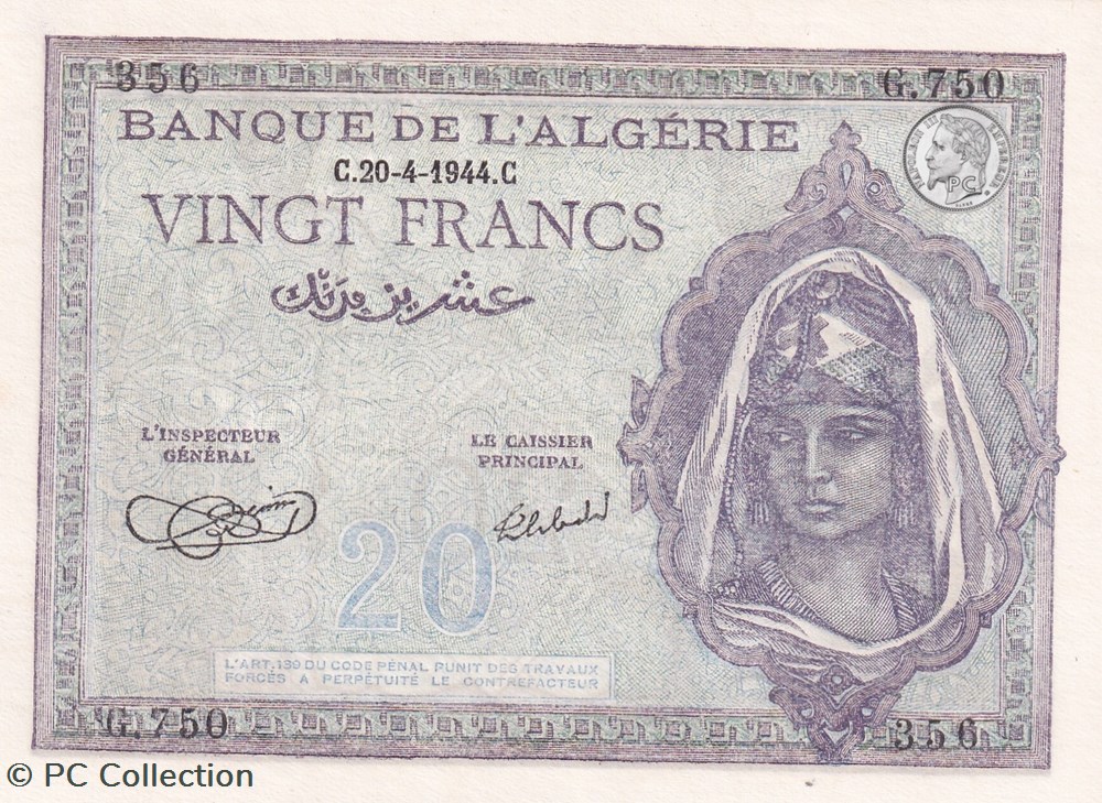 1944 Pick-92b.1 20 Franc algérien Unc billets afrique 1944 pick 92b 1 20 franc algerien unc