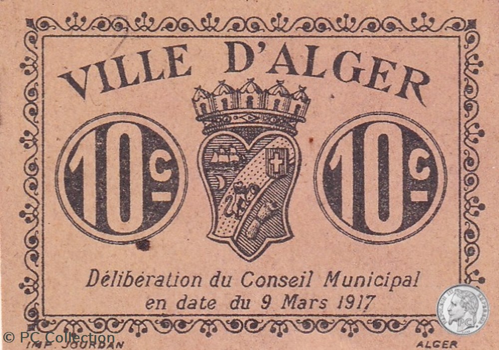 Ville d'Alger- 9/3/1917 10 Centimes Beige (8) billets afrique algerie ville alger 9 3 1917 10 centimes beige 8