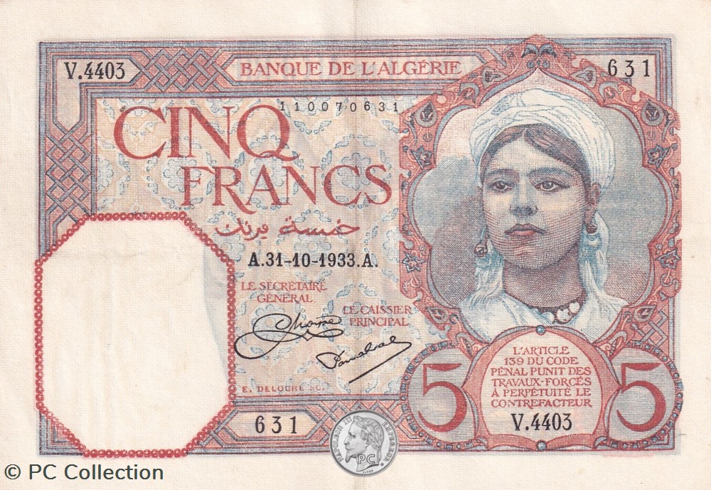 1933 Pick77a 5 Franc algérien Sup billets afrique 1933 pick77a 5 franc algerien sup
