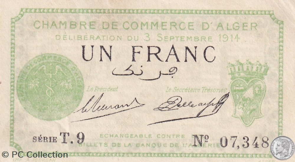 137-3-3/9/1914 Alger 1 Franc Cdc. (1) (2) billets afrique algerie 137 3 3 9 1914 alger 1 franc cdc 1 2
