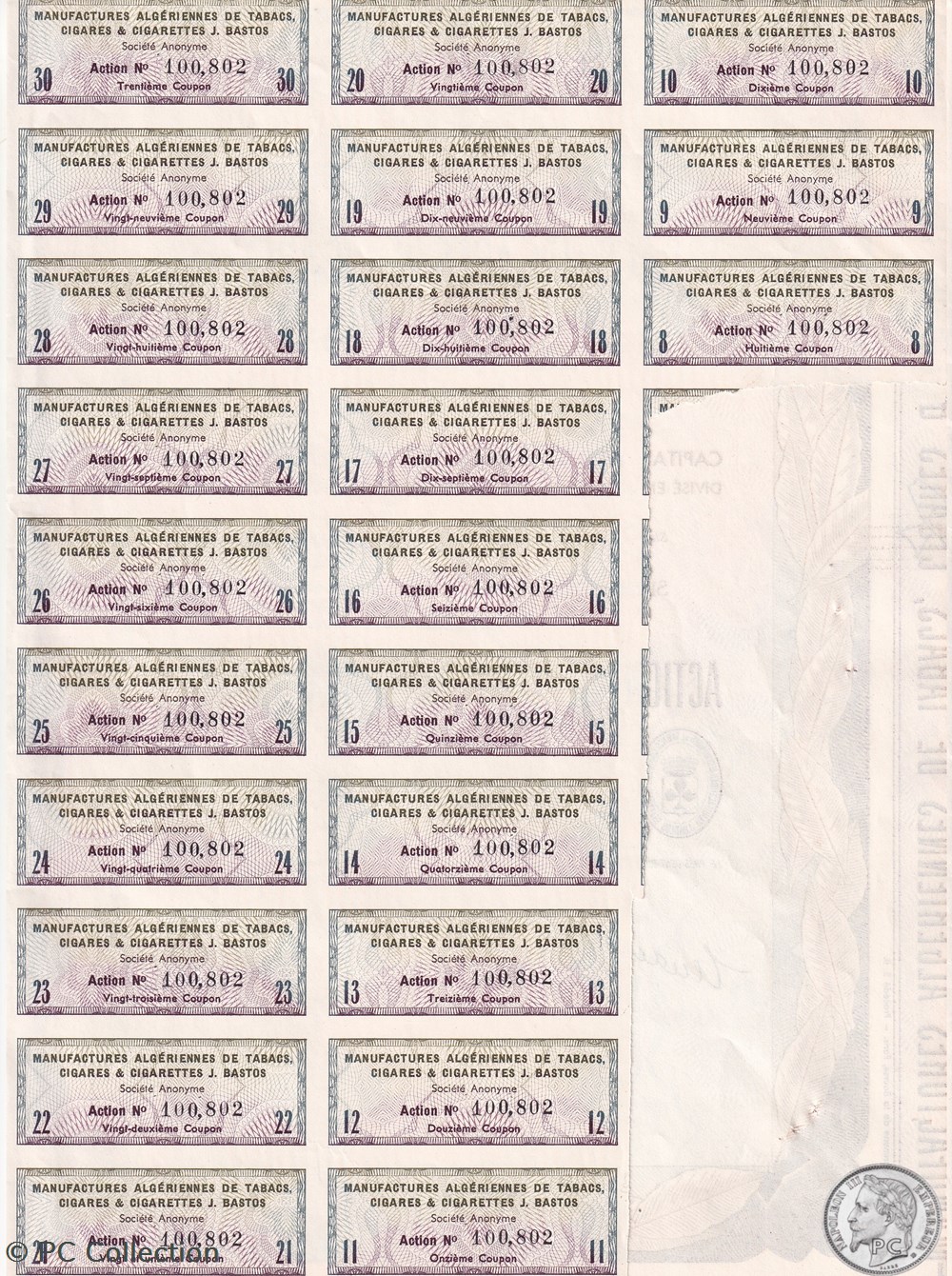 ALGERIE - ALGER 1963 - Ste ALGERIENNES DES TABACS, CIGARES, CIGARETTES : J. BASTOS - ACTION 100 NF documents anciens actions titres algerie alger 1963 ste algeriennes des tabacs cigares cigarettes j bastos action 100 nf