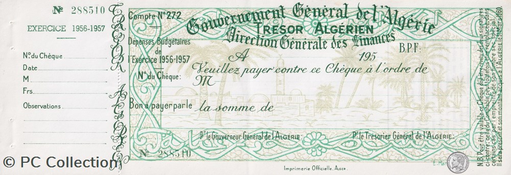 TRÉSOR ALGÉRIEN Chèque vierge avec souche Exercice 1956 - 1957 Très bon état billets afrique tresor algerien cheque vierge avec souche exercice 1956 1957 tres bon etat