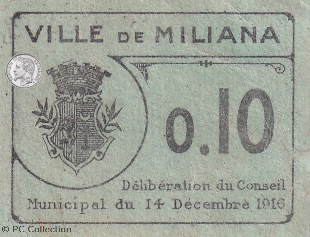 MILIANA 1 0,10 franc Vert 1916 billets afrique algerie miliana 1 0 10 franc vert 1916