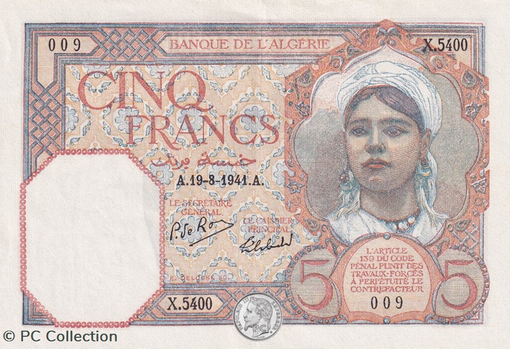 1941 Pick77b 5 Franc algérien Sup billets afrique 1941 pick77b 5 franc algerien sup