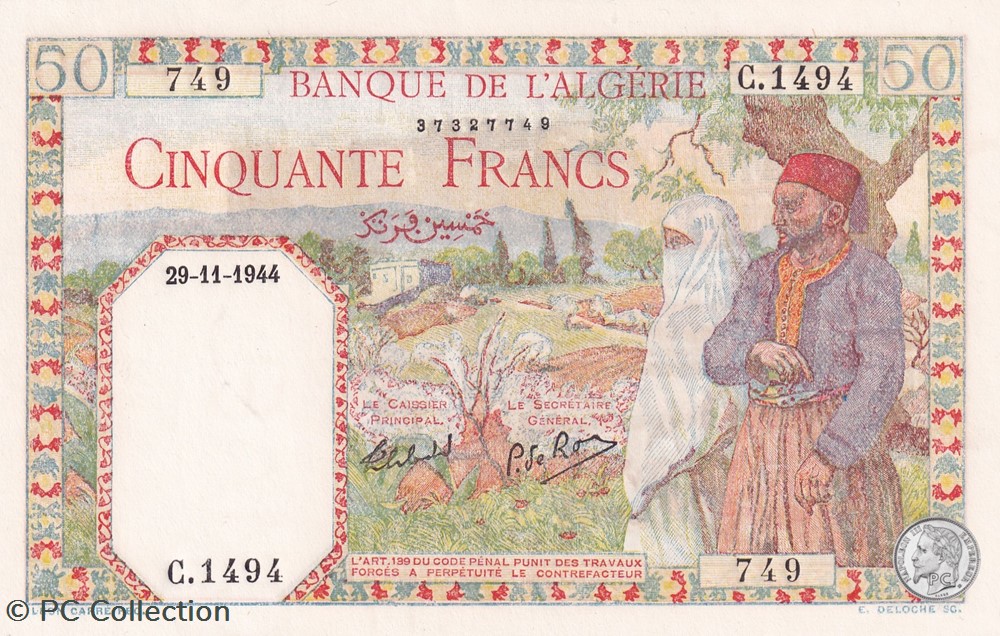 billets afrique 1944 pick 87a 50 franc algerien 749 unc