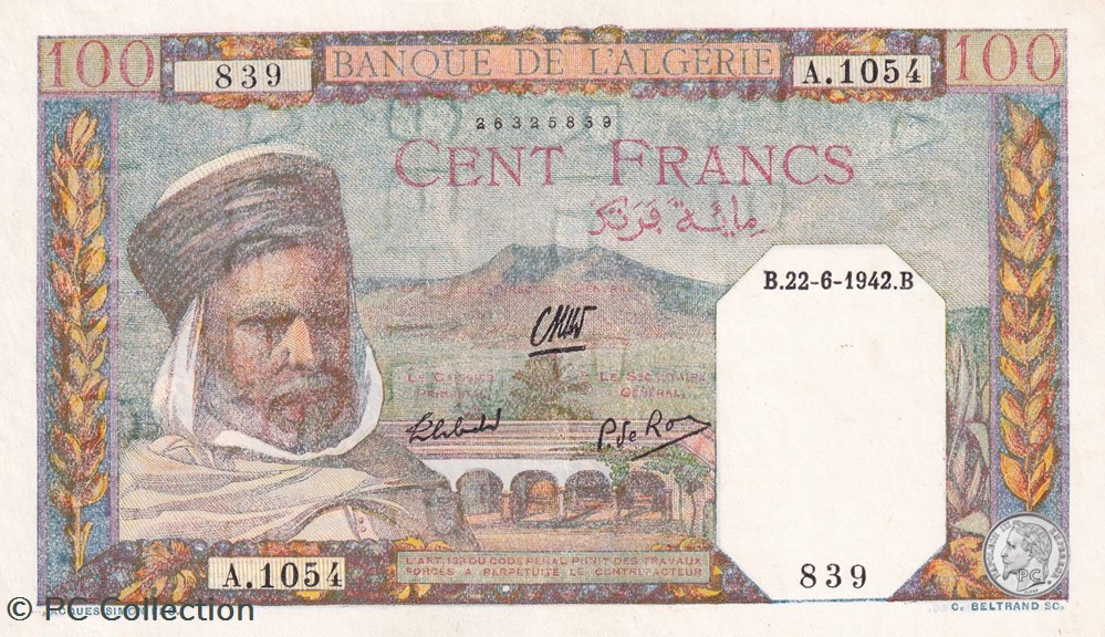 1942 Pick88 839 100 Franc algérien Unc billets afrique 1942 pick88 839 100 franc algerien unc