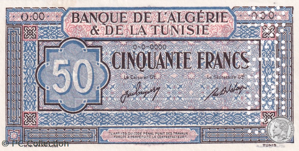 1949 Pick23s 50 Francs Khamassi Spécimen (1) billets afrique algerie 1949 pick23s 50 francs khamassi specimen 1