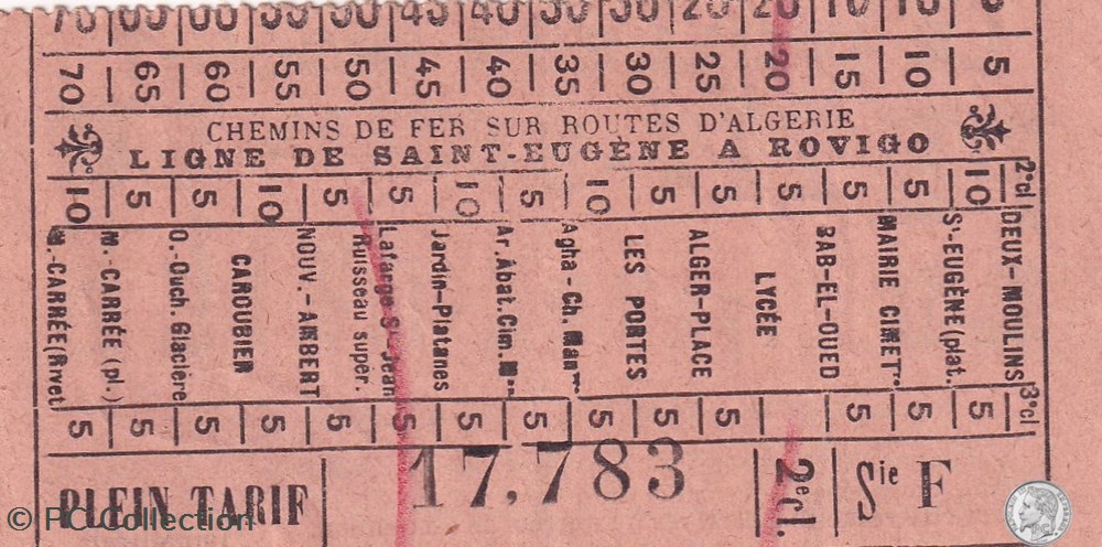 Ticket tramway d'Alger début XXe "Tramways / Chemins de Fer sur routes d'Algérie / St Eugène -> Rovi documents anciens titres transport ticket tramway alger debut xxe tramways chemins de fer sur routes algerie st eugene rovi