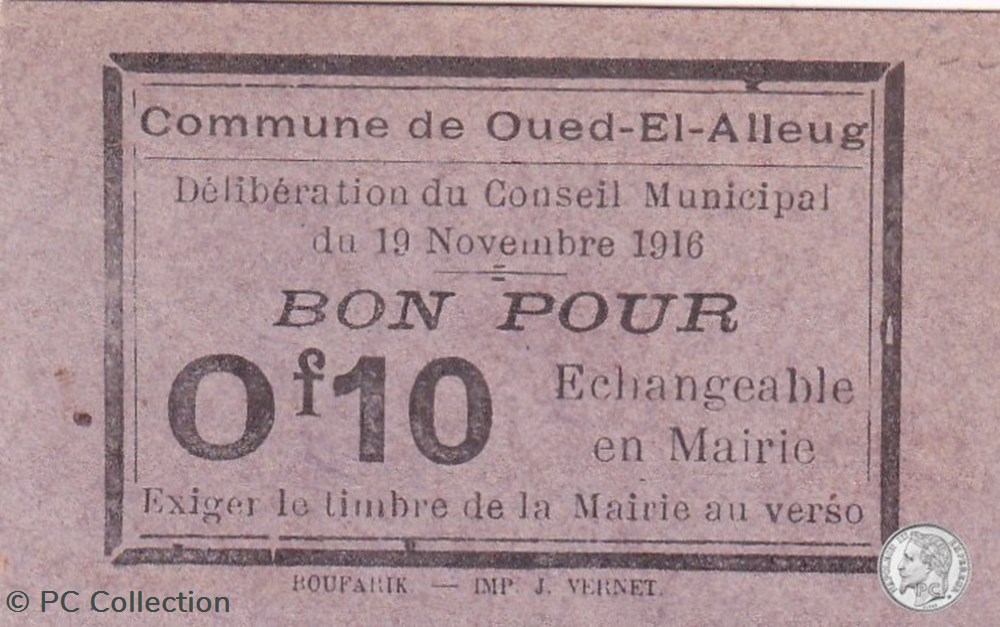 billets afrique algerie oued el alleug bon pour 0 10 franc violet 1916