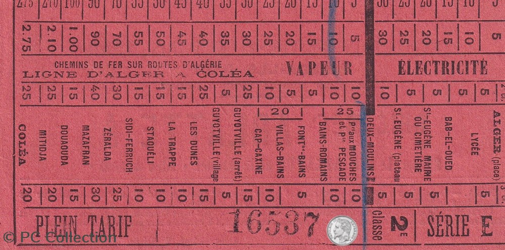 Ticket tramway -Tramways d'Alger début XXe "Chemins de Fer sur Routes d'Algérie" Alger à Coléa documents anciens titres transport ticket tramway tramways alger debut xxe chemins de fer sur routes algerie alger a colea