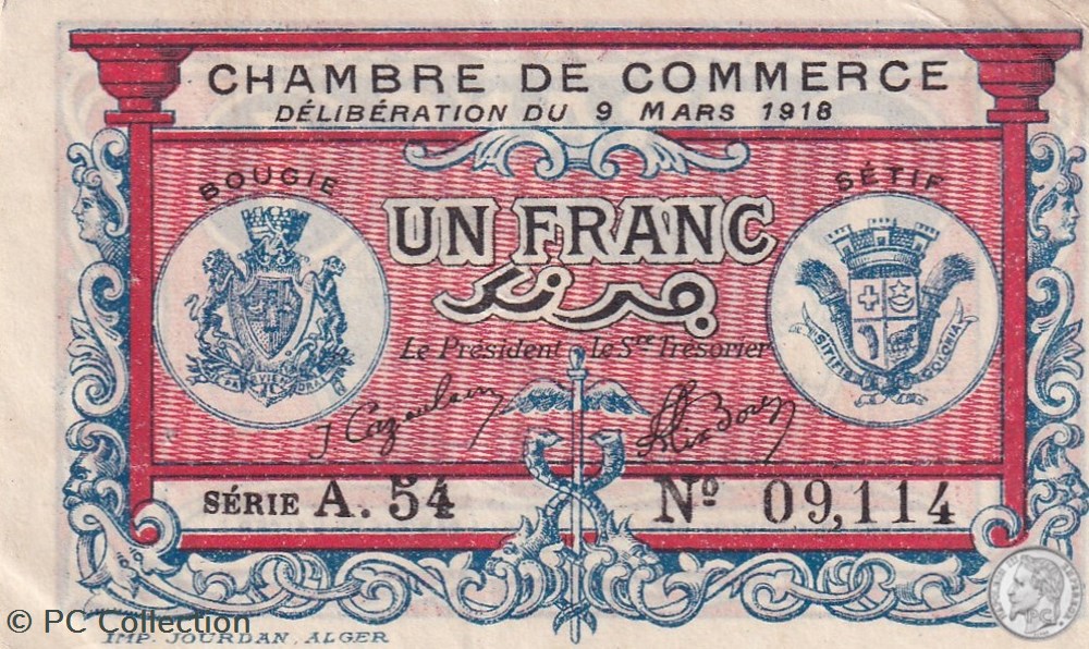 139-6- 9/3/1918 Bougie Sétif 1 Franc Cdc Séries A.54 billets afrique algerie 139 6 9 3 1918 bougie setif 1 franc cdc series a 54