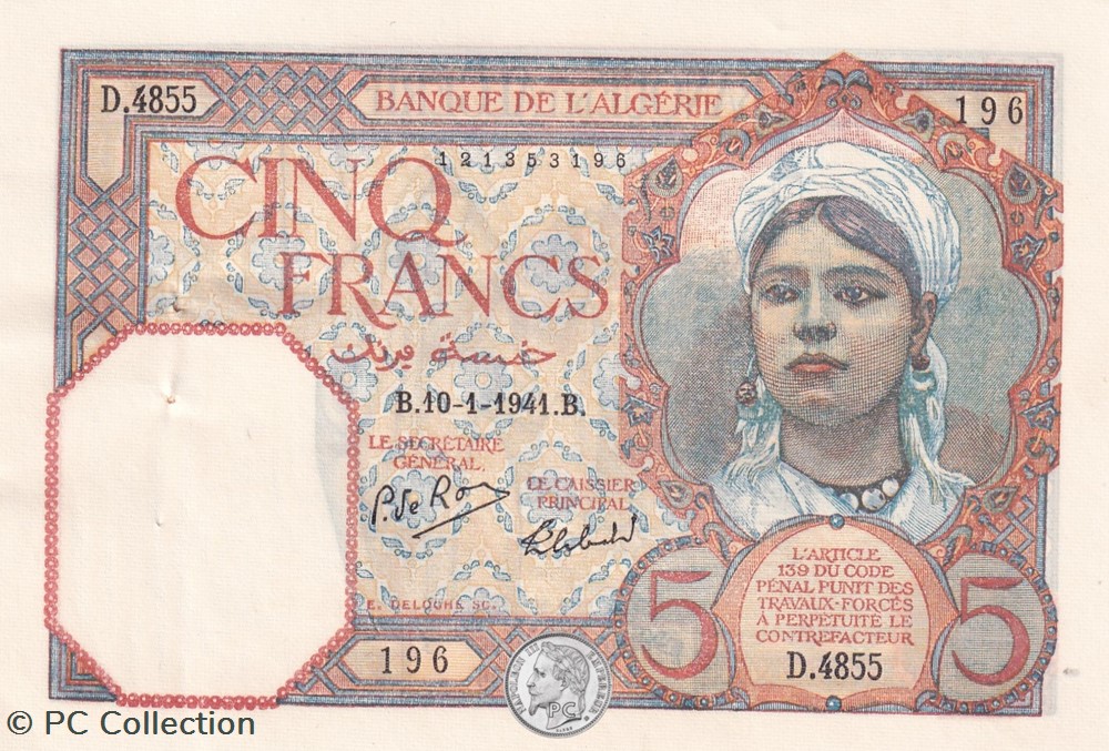 1941 Pick77b.1 5 Franc algérien 196 Spl billets afrique 1941 pick77b 1 5 franc algerien 196 spl