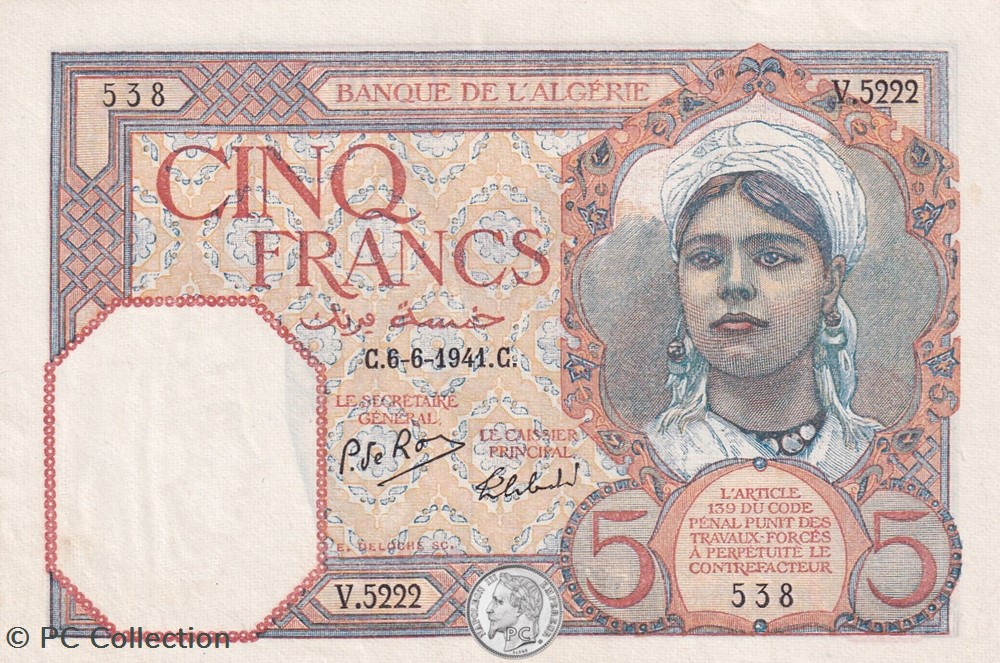 billets afrique 1941 pick77b 5 franc algerien 538 unc