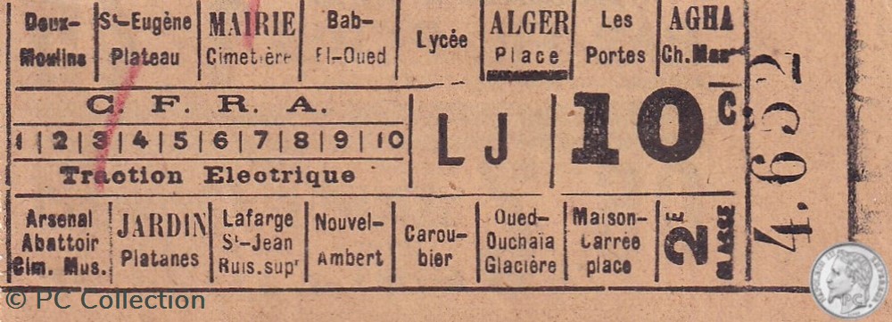 Ticket billet tramway d'Alger début XXe "Tramways / Chemins de fer sur Routes d'Algérie" documents anciens titres transport ticket billet tramway alger debut xxe tramways chemins de fer sur routes algerie