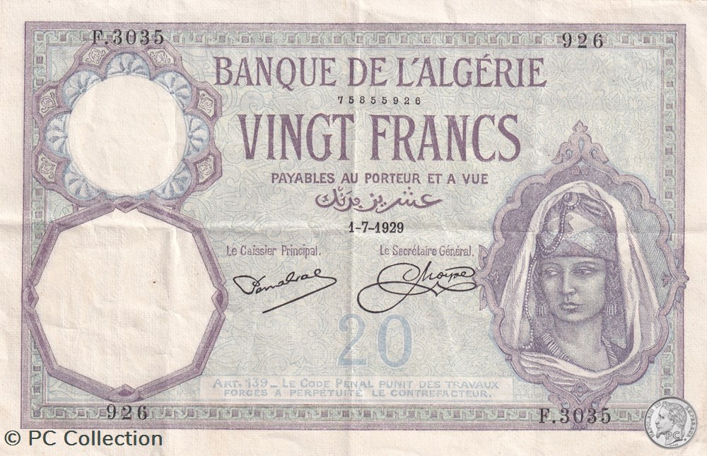 1929 Pick78b 20 Franc algérien TTB billets afrique 1929 pick78b 20 franc algerien ttb