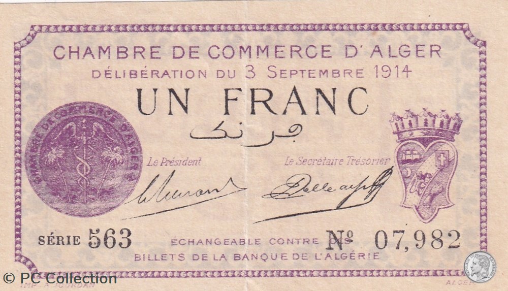 137-1 -3/9/1914 Alger 1 Franc Cdc. (12) billets afrique algerie 137 1 3 9 1914 alger 1 franc cdc 12