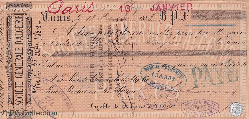 COLONIE ALGÉRIE LETTRE DE CHANGE 18.12.1888 BANQUE SOCIÉTÉ GENERALE BFE FISCAL billets afrique colonie algerie lettre de change 18 12 1888 banque societe generale bfe fiscal