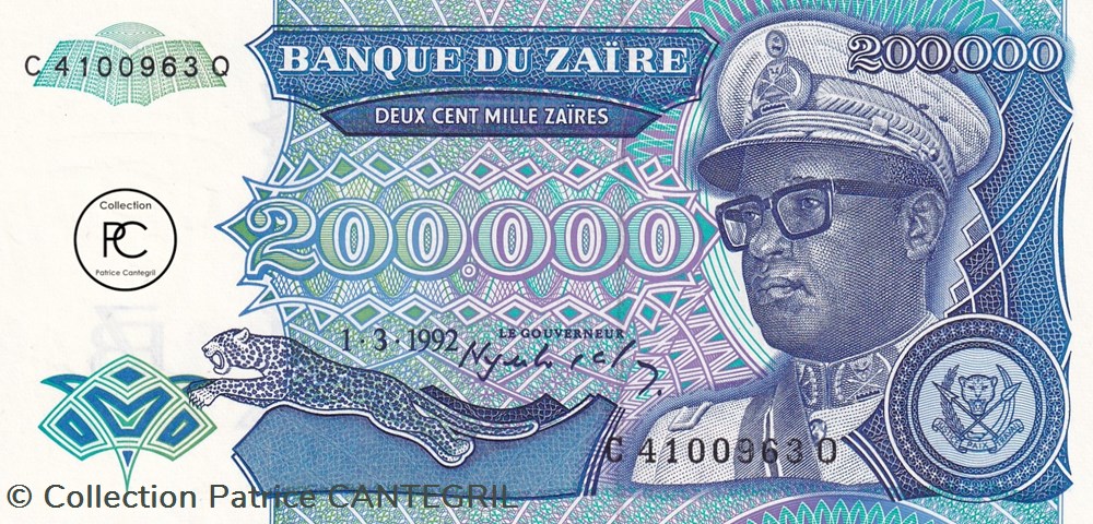 1992 Pick42a 200 000 Ƶ - Zaïre zairéen Unc billets afrique 1992 pick42a 200 000 zaire zaireen unc