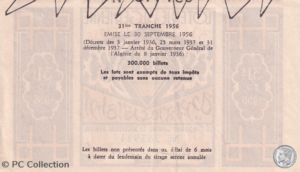 Loterie Algérienne 31éme Tranche 1956 billets afrique loterie algerienne 31eme tranche 1956