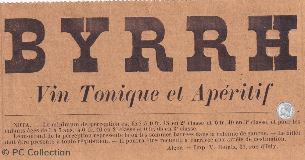Ticket tramway d'Alger début XXe "Tramways / Chemins de Fer sur routes d'Algérie BYRRH documents anciens titres transport ticket tramway alger debut xxe tramways chemins de fer sur routes algerie byrrh