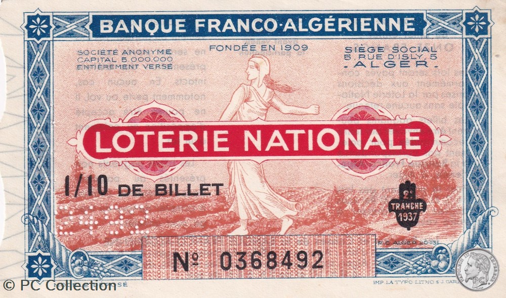 billets afrique banque franco algerienne 1 10eme 2eme tranche 1937