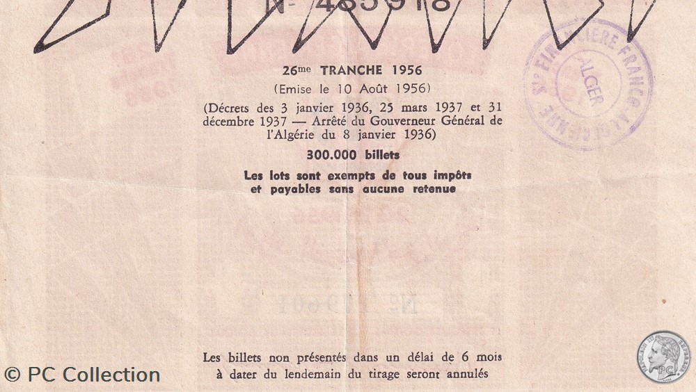 billets afrique loterie algerienne 26eme tranche 1956