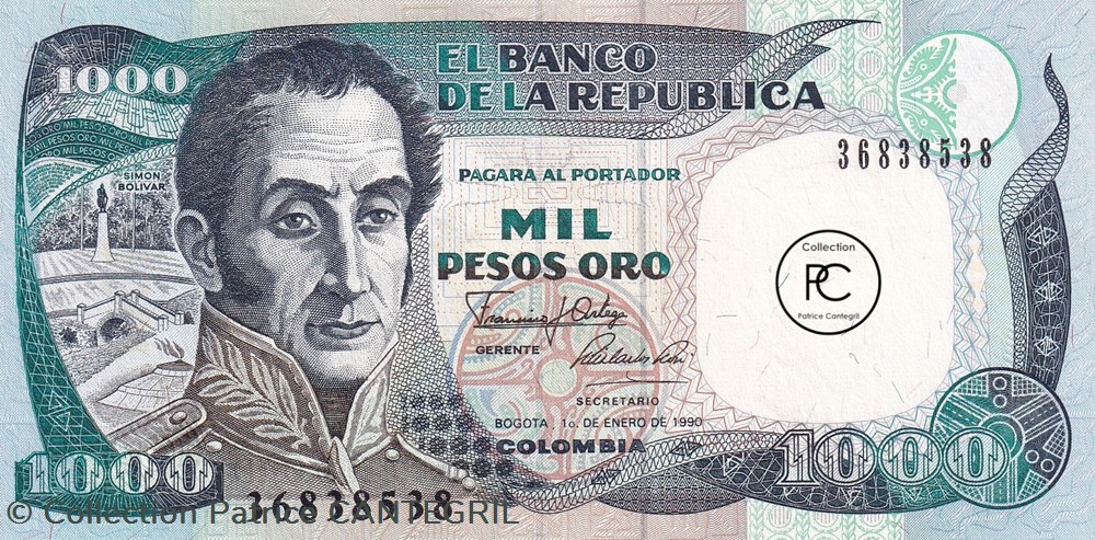 1990 Pick432a.2 1 000 Peso oro colombien Unc billets amerique du sud 1990 pick432a 2 1 000 peso oro colombien unc