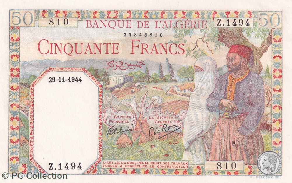 1944 Pick 87a 50 Franc algérien 810 Unc billets afrique 1944 pick 87a 50 franc algerien 810 unc
