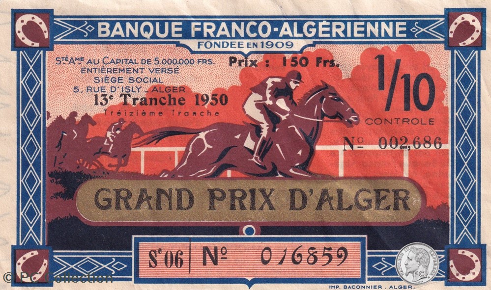 Banque Franco Algérienne 1/10 éme 13éme Tranche 1950 billets afrique banque franco algerienne 1 10 eme 13eme tranche 1950