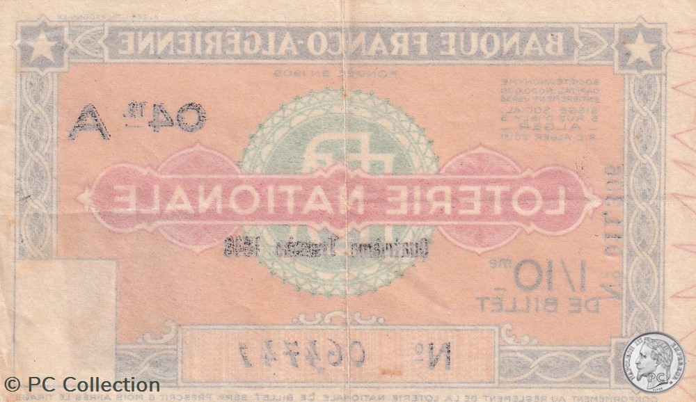 Banque Franco Algérienne 1/10 éme 4éme Tranche 1946 billets afrique banque franco algerienne 1 10 eme 4eme tranche 1946