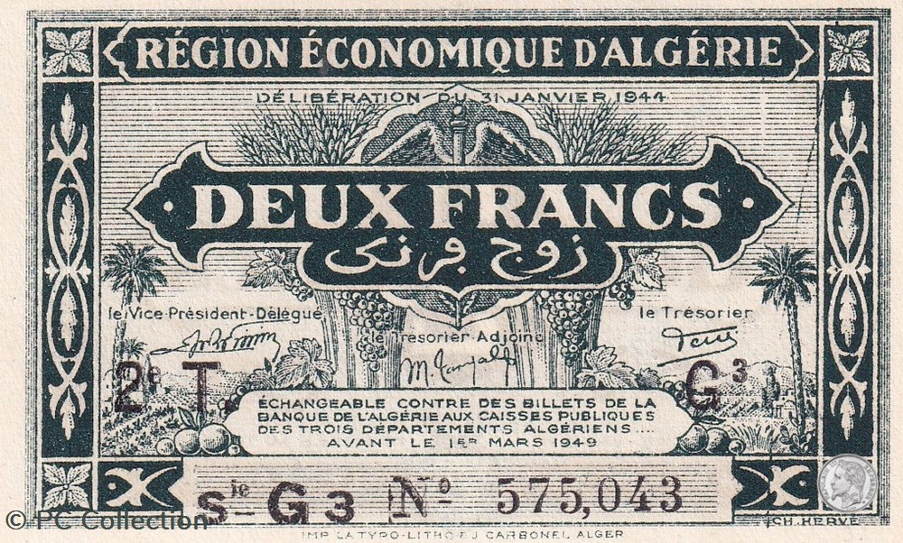 billets afrique 1944 pick102 g3 2 franc algerien unc