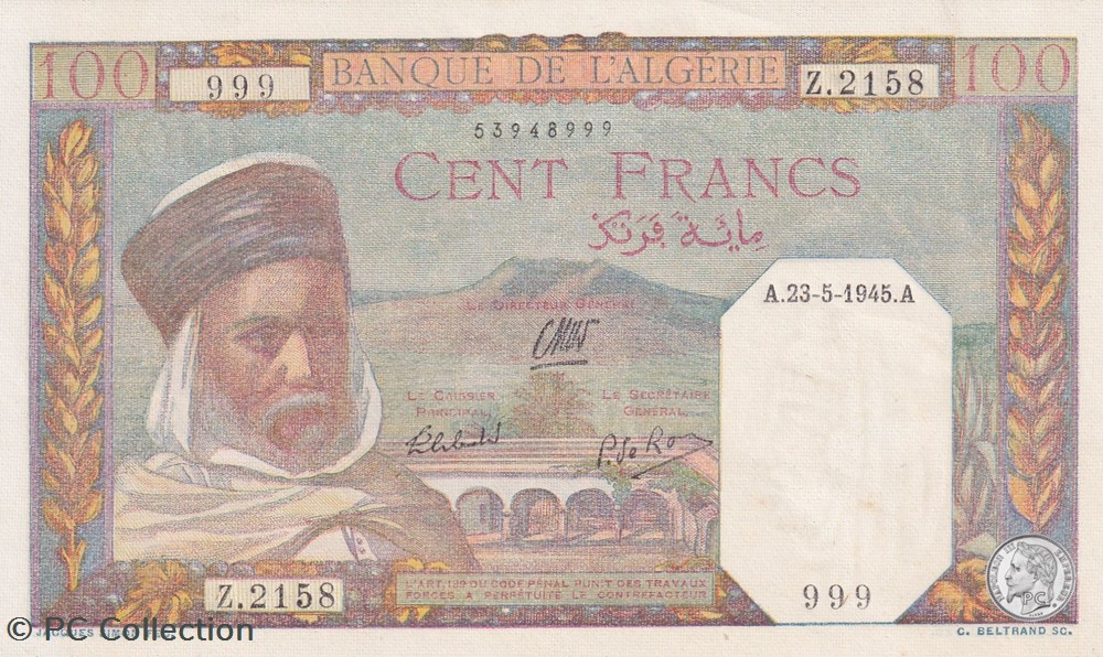 1945 Pick 85 100 Franc algérien 999 Unc billets afrique 1945 pick 85 100 franc algerien 999 unc