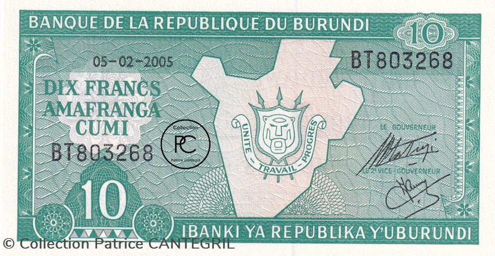 2005 Pick33e 10 FBu - Franc burundais Unc billets afrique burundi 2005 pick33e 10 fbu franc burundais unc