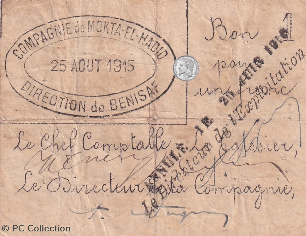 billets afrique algerie beni saf 12 1 franc annule 25 08 1915