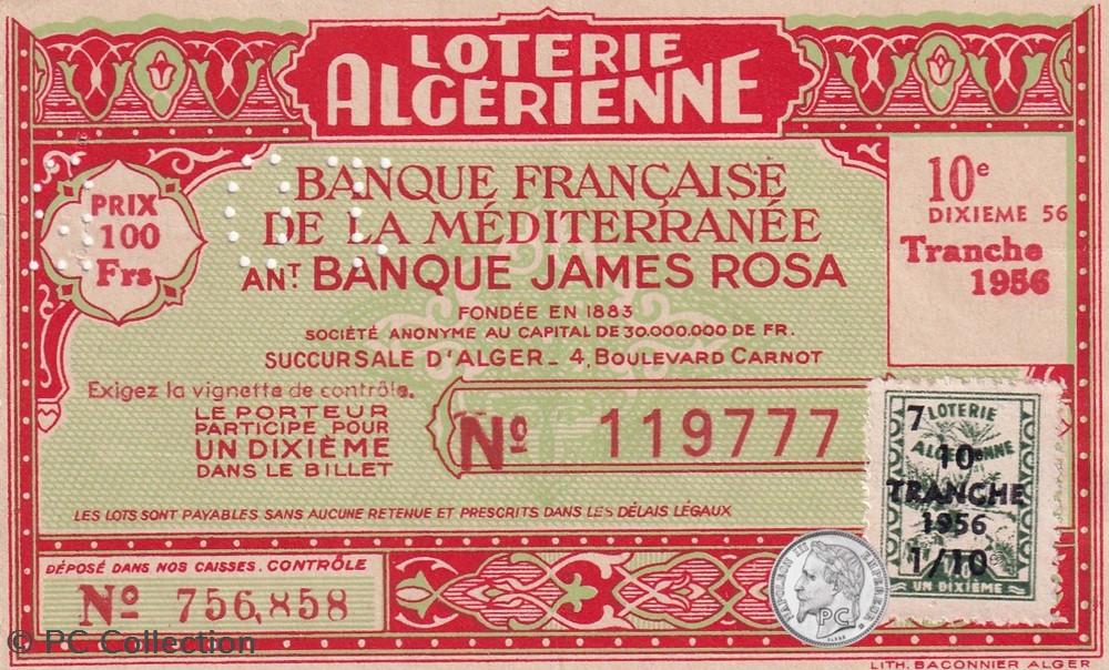 Loterie Algérienne 1/10éme 10éme Tranche 1956 billets afrique loterie algerienne 1 10eme 10eme tranche 1956