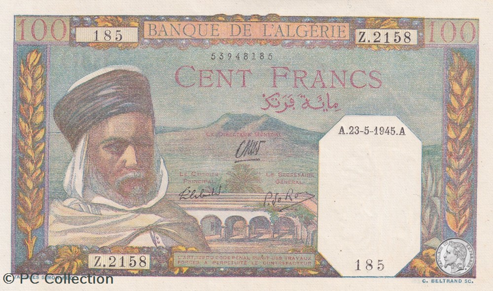 billets afrique 1945 pick 85 100 franc algerien 185 unc