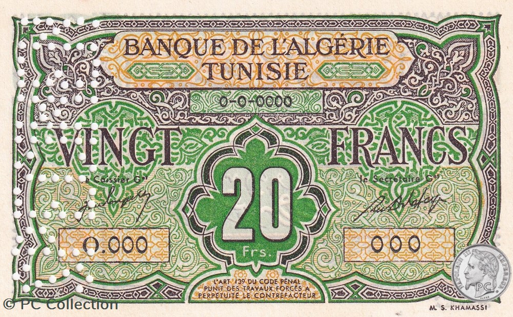 1948 Pick 22s 20 Francs Khamassi - Spécimen (2) billets afrique algerie 1948 pick 22s 20 francs khamassi specimen 2